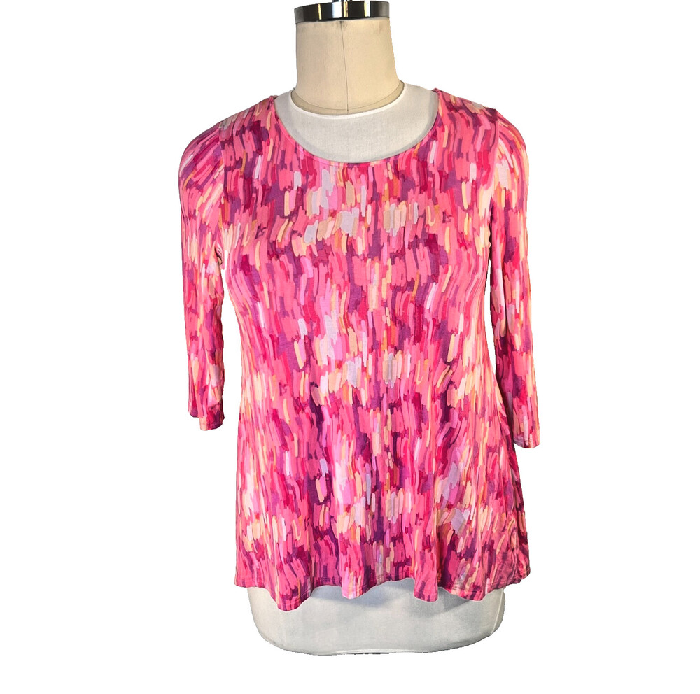 KC Khaki's and Co. Women's 1X Tunic Top 3/4 Slevve Stretch Pink Purple Abstract